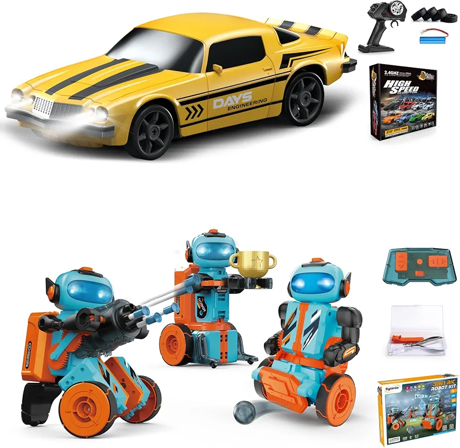 2 PCS RC Drift Car and STEM Robot Building Kit 1:24 Remote Control Car and 3-in-1 Remote Control Robot Educational Set for Kids Boys Girls Adults Gifts Birthday Christmas Rechargeable Batteries