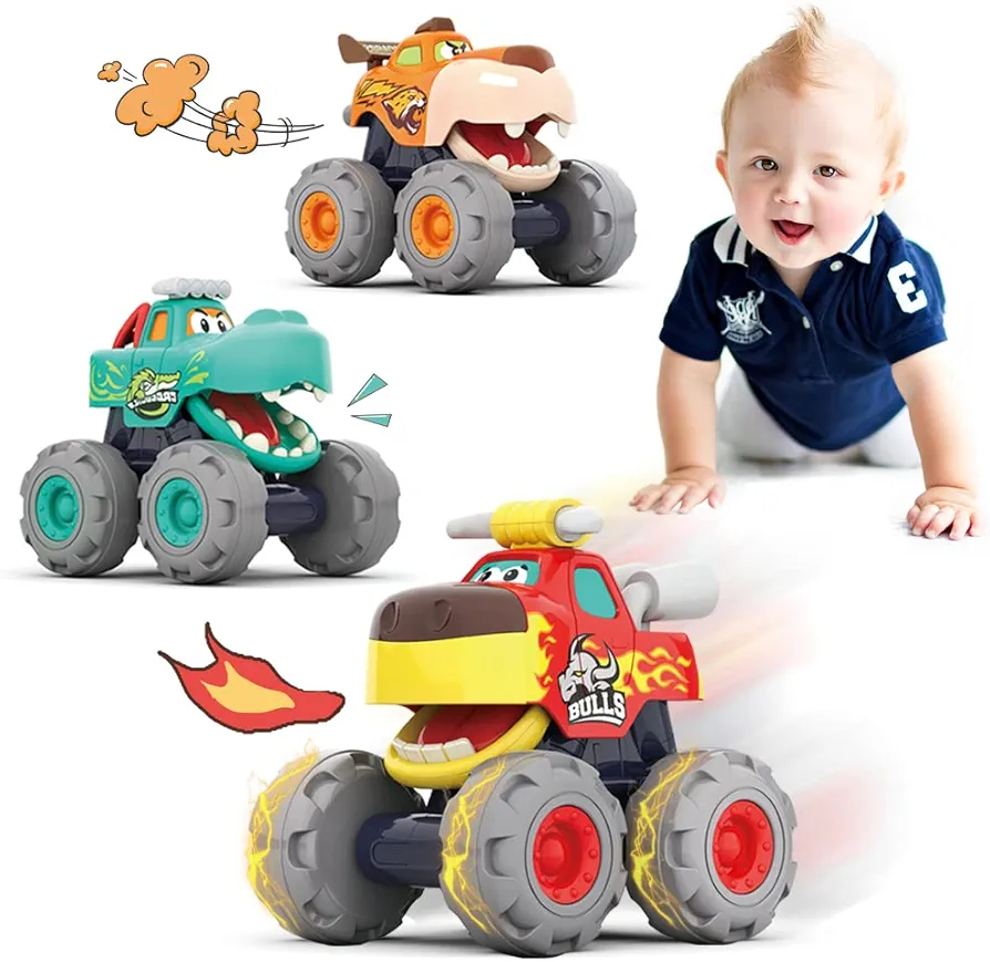 Monster Truck Car Toys for 12-18 Months Baby,1-2 Birthday Gifts Toys,3 Pack of Friction Powered Pull Back Animal Cars Vehicles