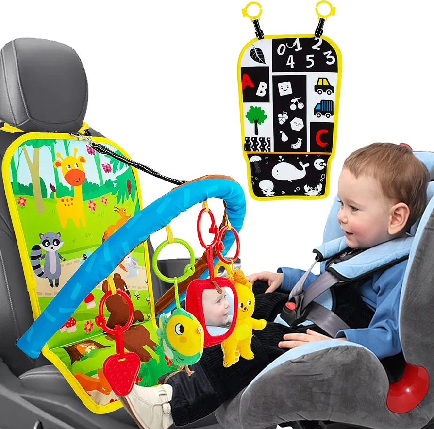 teytoy Carseat Toys for Infants 0-6 Months, Adjustable Car Seat Toys for Babies 0-6 Months Kick and Play Rear Facing Car Seat Toys Double Sided with Mirror, Rattle, Teether, Sensory Hanging Toys