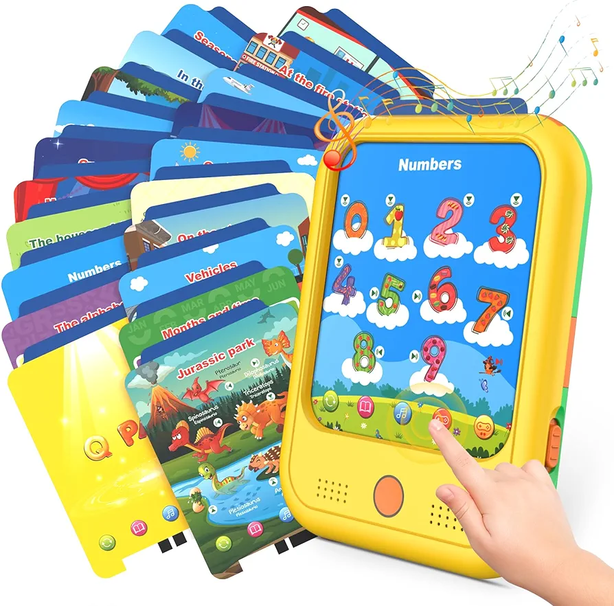 Kids Tablet,Bilingual Educational Learning Pad Montessori Toy for Toddler 3-5 to Learn Alphabets, Numbers, Foods, Time, Music, Vehicles - Interactive Learning System with 40 Themes (Yellow)