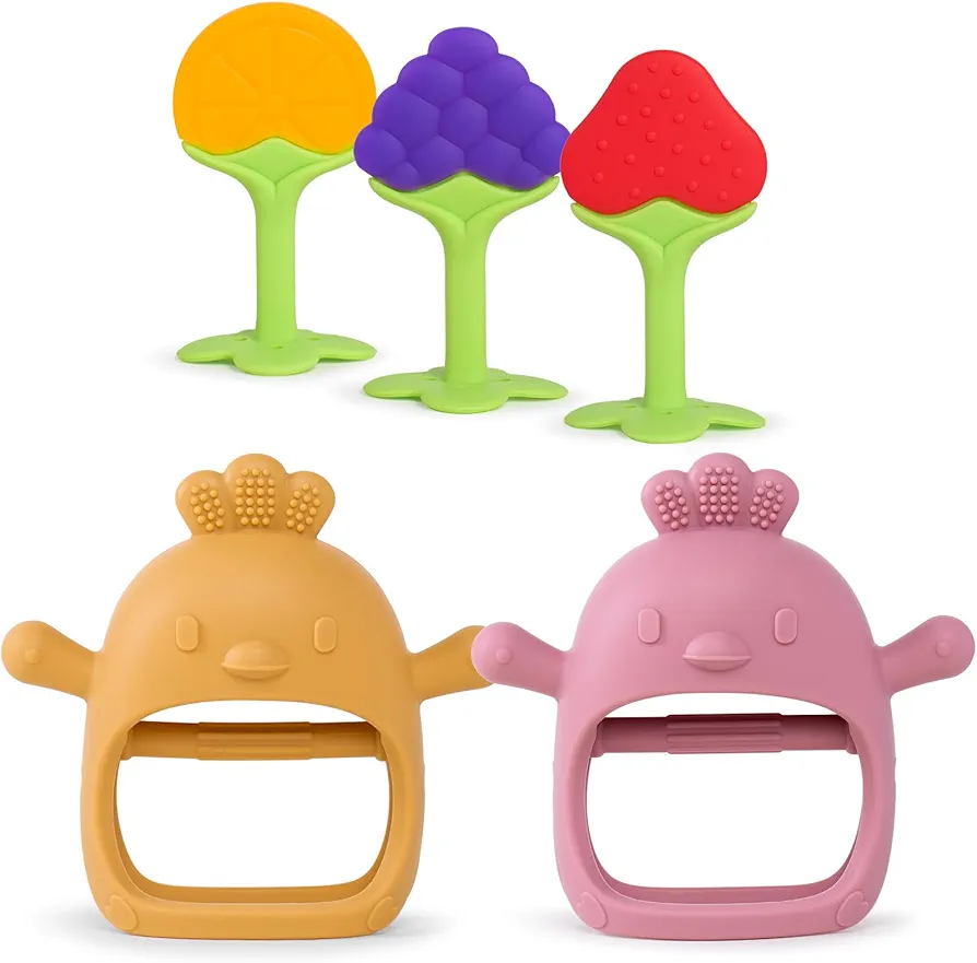 Baby Teething Toys (3 Pack) with Silicone Teething Mittens Teether Toy (2 Pack) for 0-6 Months Infants, Never Drop Baby Chew Toys for Sucking Needs, Hand Pacifier Teethers, BPA-Free