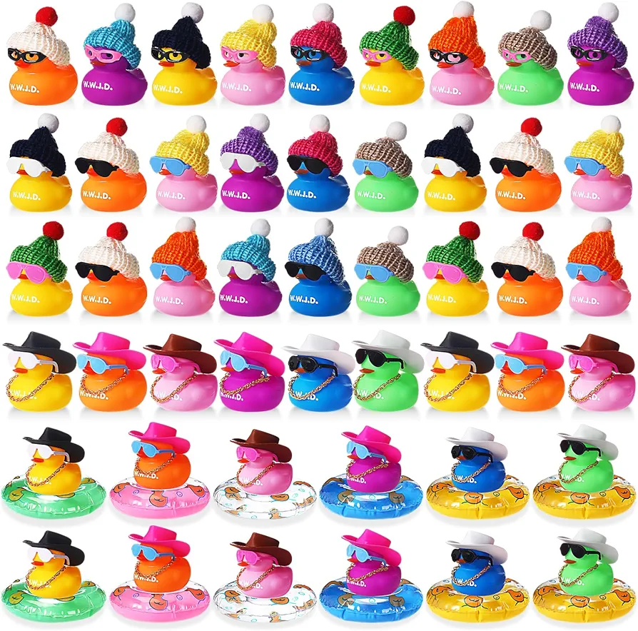 Sratte 140 Pcs Christian Rubber Mini Duck Bulk Bath Toy Jesus Gifts WWJD Little Duck Sunglasses Necklace Hat Swim Circle Hat for Christmas Baby Shower Birthday Swimming Religious Party