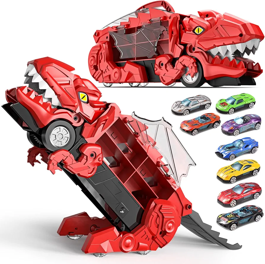 Red Dinosaur Truck Toy for Kids Ages 3+ – T-Rex Transporter with 8 Mini Cars, Transforms into Race Track, Swallow & Slide Action, Convenient Storage, Gift-Ready Packaging