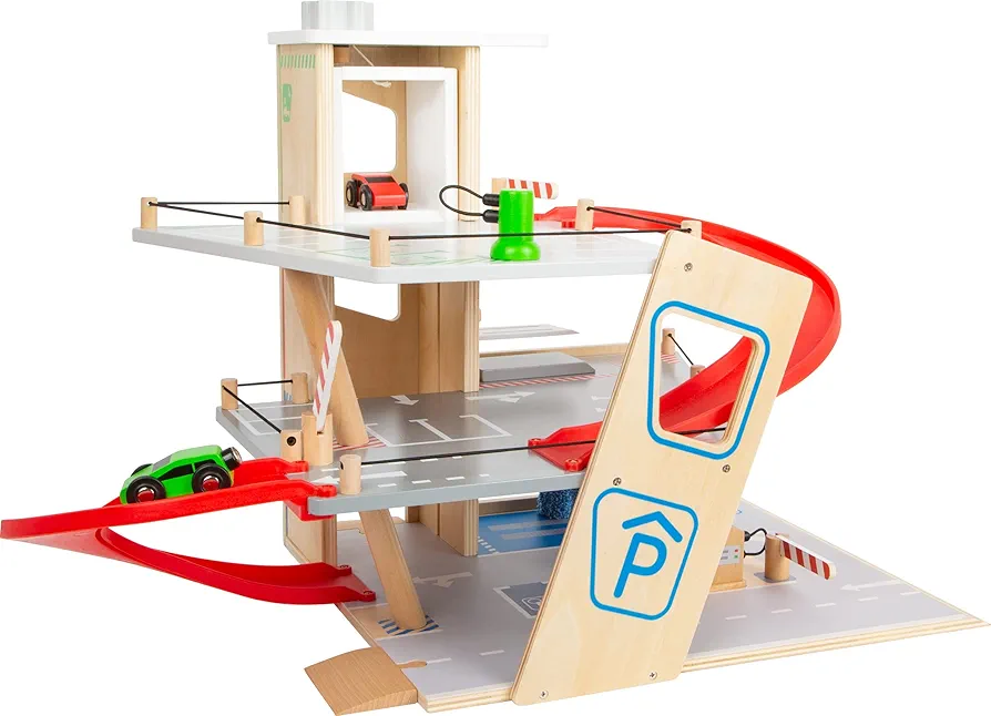 Wooden Car Park by Small Foot – Multilevel Activity Center with Electric Charging Station, Car Wash, Ramps & Lift – Pretend Play Toy Develops Motor Skills & Creativity – Age 3+ years