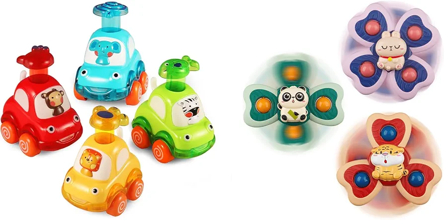 ALASOU 4 PCS Animal Car Toys and 3 PCS Suction Cup Spinner Toys for Infant and Toddlers