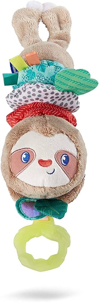 Infantino Music & Motion Pulldown Sloth - Musical Plush Sloth with Multi-Textured teether for Tactile Exploration, Easily attaches to Strollers and Gyms, BPA-Free