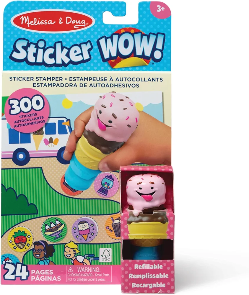 Melissa & Doug Sticker WOW!™ 24-Page Activity Pad and Sticker Stamper, 300 Stickers, Arts and Crafts Fidget Toy Collectible Character – Ice Cream - FSC Certified