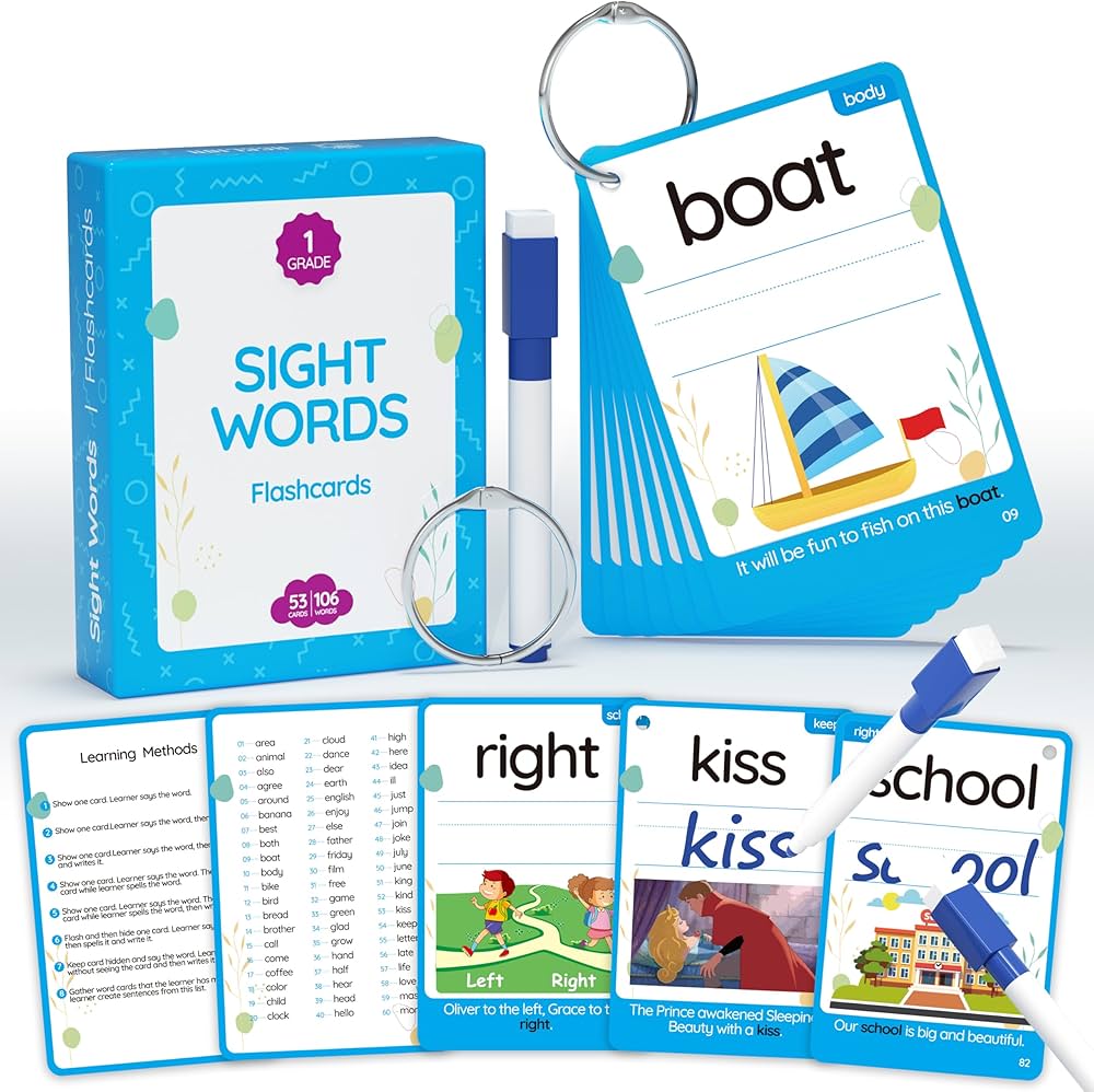 55 Cards, 106PCS High Frequency First-Grade Sight Words Flash Cards, 1st Grade Phonics Learning Cards for 5,6,7,8 Years Ages Kids Boys, Girls Learn to Read, Write, Association, Sentence Making