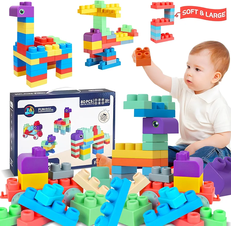 Baby Soft Blocks Set, Big Building Block Toys, Soft Rubber Blocks for Babies 6 Months and Up STEM Educational Toddler Gifts, Baby Soft Blocks Sensory Stacking Toys, 80PCS