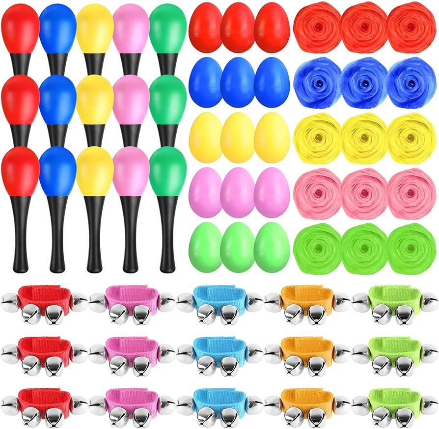 60 Pcs Shaker Musical Instruments Easter Egg Music Party Favor for Kids Learning Percussion Toy, Wrist Jingle Bells, Maracas Rattle Shaker Sand Hammers, and Music Scarf