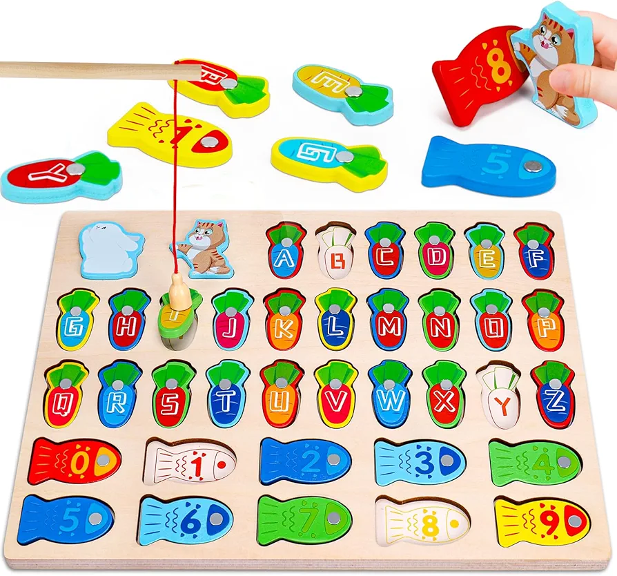 ABC Learning Magnetic Wooden Fishing Game Toddler Alphabet Toy Preschool Learning Activities Montessori Puzzle Fine Motor Skills Letter and Number Educational Toy 3-4 3-5 3 4 5 Year Old Boy Girl Gift