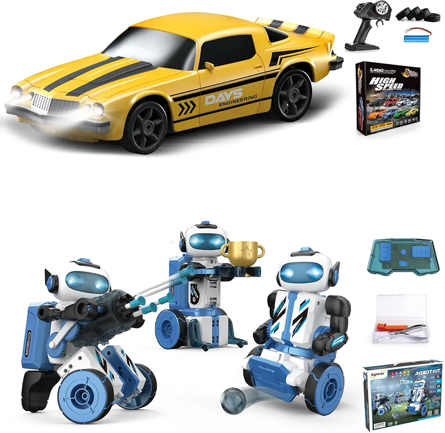 2 PCS RC Drift Car and STEM Robot Building Kit 1:24 Remote Control Car and 3-in-1 Remote Control Robot Educational Set for Kids Boys Girls Adults Gifts Birthday Christmas Rechargeable Batteries