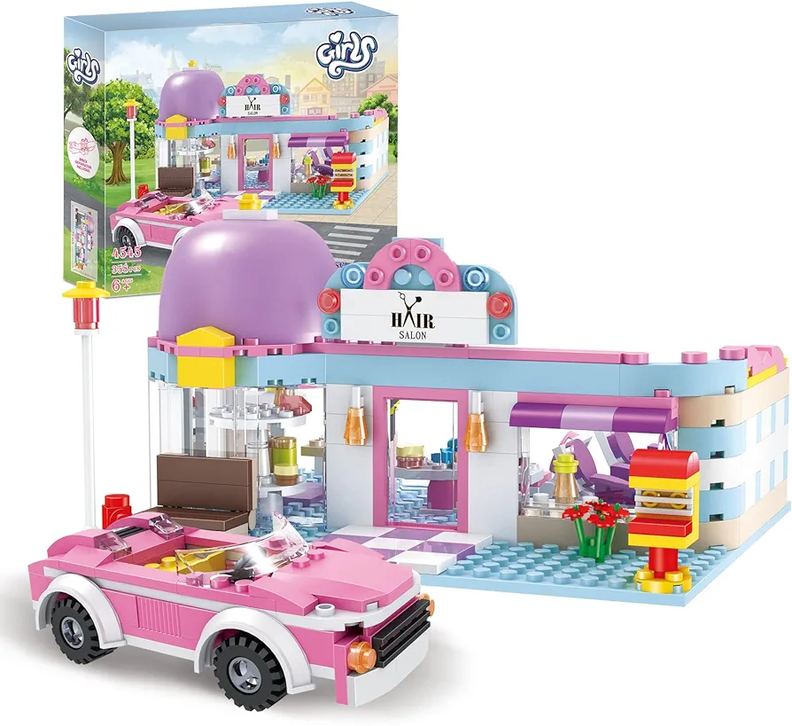 BRICK STORY Girls Friends Hair Salon Building Kit with 2 Mini People 5 Dolls Hair Creative Girls Friends Sets 358 Pieces with a Pink Convertible Car STEM Building Toys Gifts for Kids Age 6-12 and Up