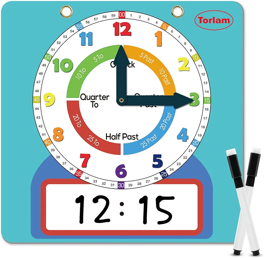 Magnetic Writable Dry Erase Learning Clock | Clock for Kids Learning to Tell Time | Large 12" Demonstration Teaching Time Practice Clock with Dry Erase Writing Surface | Pen Included | (Light Blue)