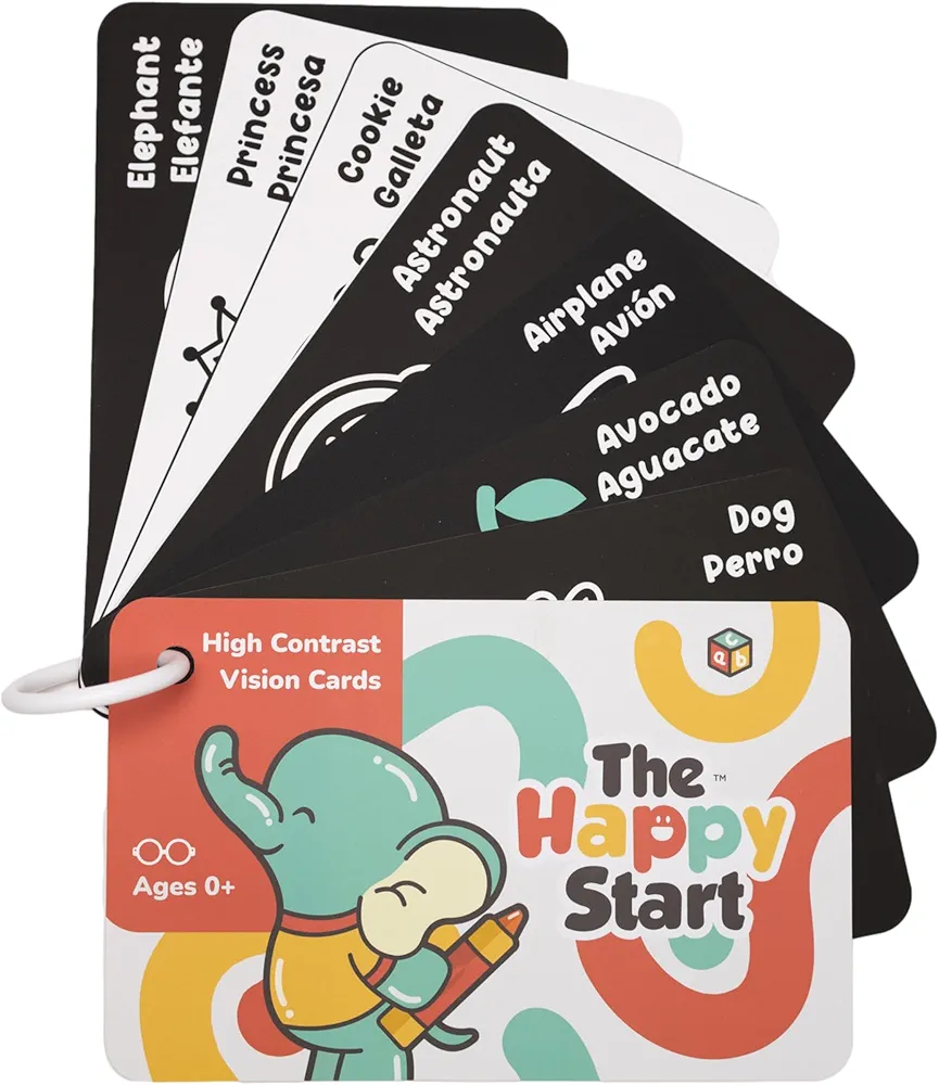 Happy Start High Contrast Vision Cards: Easy to Clean - Water-Resistant - Hospital Approved - Diaper Bag Ready - Newborn Toy - Tummy Time Toys - Black and White Baby Toys - Ages 0+ (English & Español)