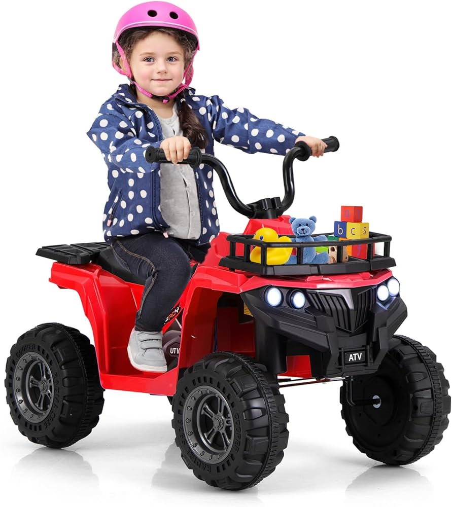 Costzon Kids ATV, 6V Battery Powered Electric Vehicle with One-Button Start, MP3, LED Headlights & Storage Basket, 4-Wheeler Ride On Toy Car with Tread Tires for 2-5 Years Old Boys & Girls (Red)