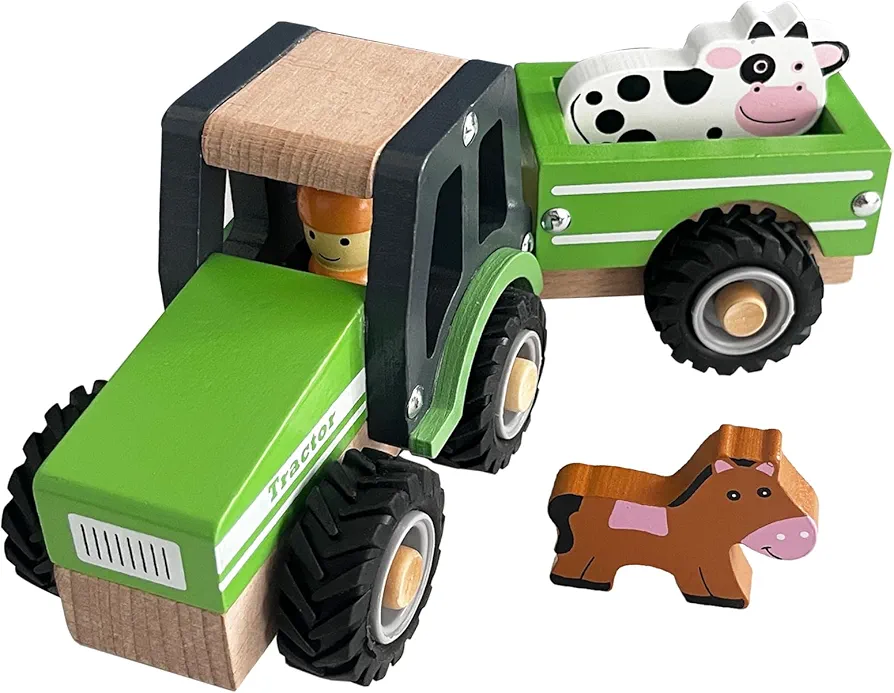 Wooden Tractor Toys for Toddlers 1-3, Baby Vehicle Toys Hand Push Car Toys for 1 2 3 Year Old Boys Girls (Green)