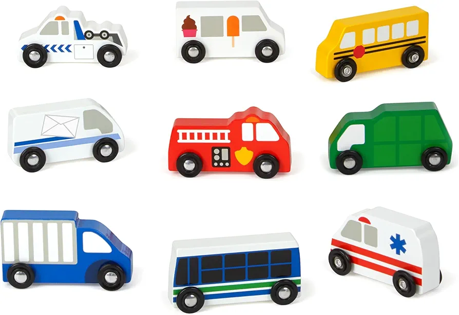 Melissa & Doug Town Vehicles Set in Wooden Tray (9 pcs)