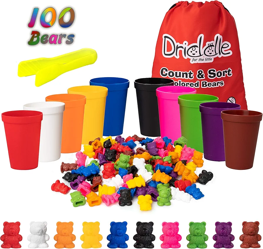 Colorful Counting Bears with Matching Cups - 100 Bears - Sort, Count & Color Recognition Learning Toy for Toddler & Kids - Montessori Education - Preschool Game