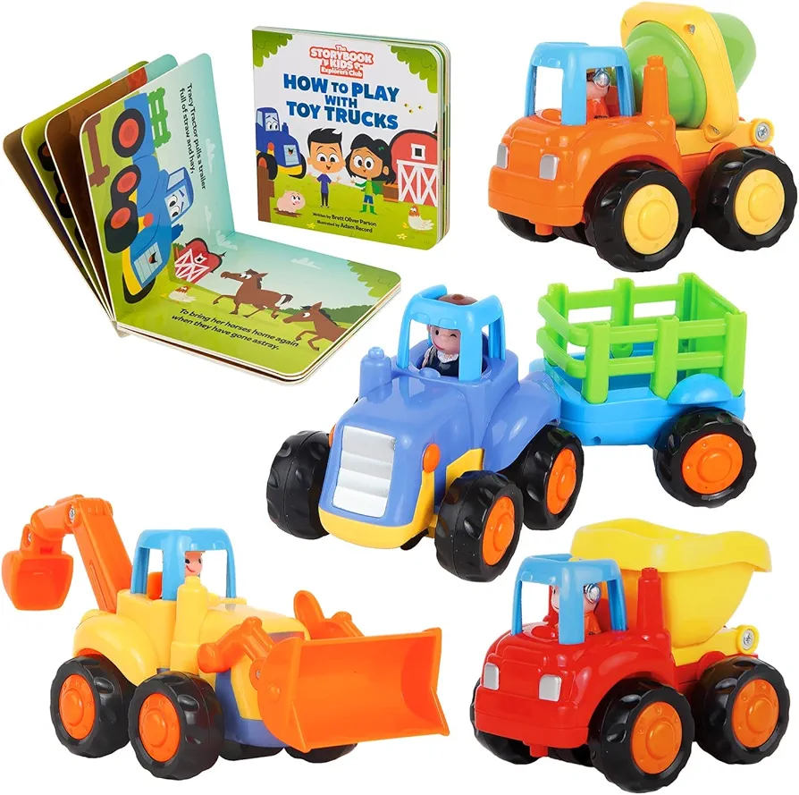 Construction Play Set for Kids Ages 1, 2, 3, 4 years old - Toddler Toy Truck Set with Matching Book - Push & Pull Friction Trucks for 2 Year Old Boy - BPA Free - Cars for Boys & Girls