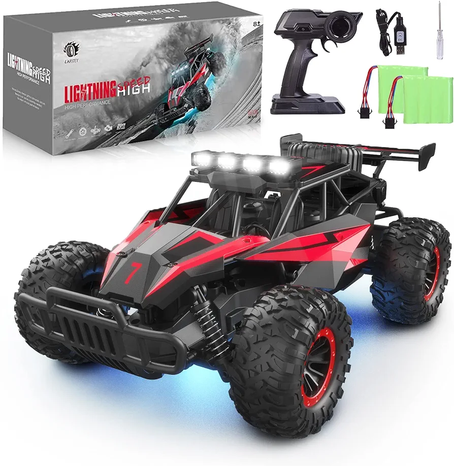 1:16 Scale Remote Control Car, 20 Km/h High Speed Remote Control Truck Off Road RC Monster Vehicle with LED Headlights and Chassis Lights, Electric Toy for Boys Kids and Adults