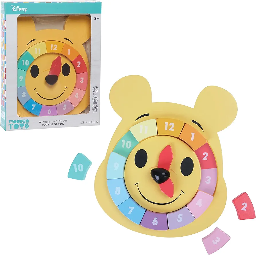 Just Play Disney Wooden Toys Winnie the Pooh Puzzle Clock, Preschool Learning and Education, Officially Licensed Kids Toys for Ages 2 Up, Amazon Exclusive