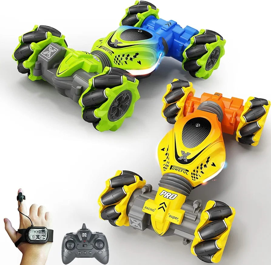 RC Cars 2 Pack 4WD Gesture Sensing RC Car Green and Yellow Hand Control Electric Toy Gifts Presents for Boys Girls Kids Children Party Birthday