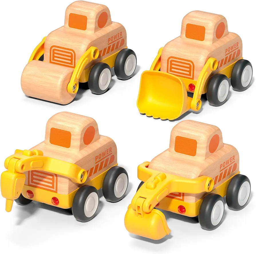 Wooden Construction Truck Toys Set, Toddler Friction Powered Car - Excavator, Bulldozer, Road Roller, Drill Rig, Push and Go Vehicle, Christmas Birthday Gift for 18m+ 2 3 Years Old Kids, Boys and Girl