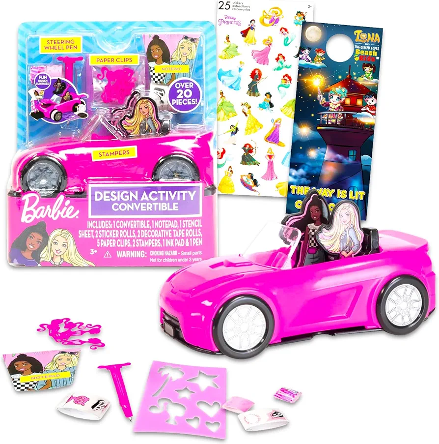 Barbie Toy Car Activity Set for Girls - Bundle with Barbie Convertible Toy Car, Notepad, Stickers, and More Stationery Supplies | Barbie Design Activity Set for Kids