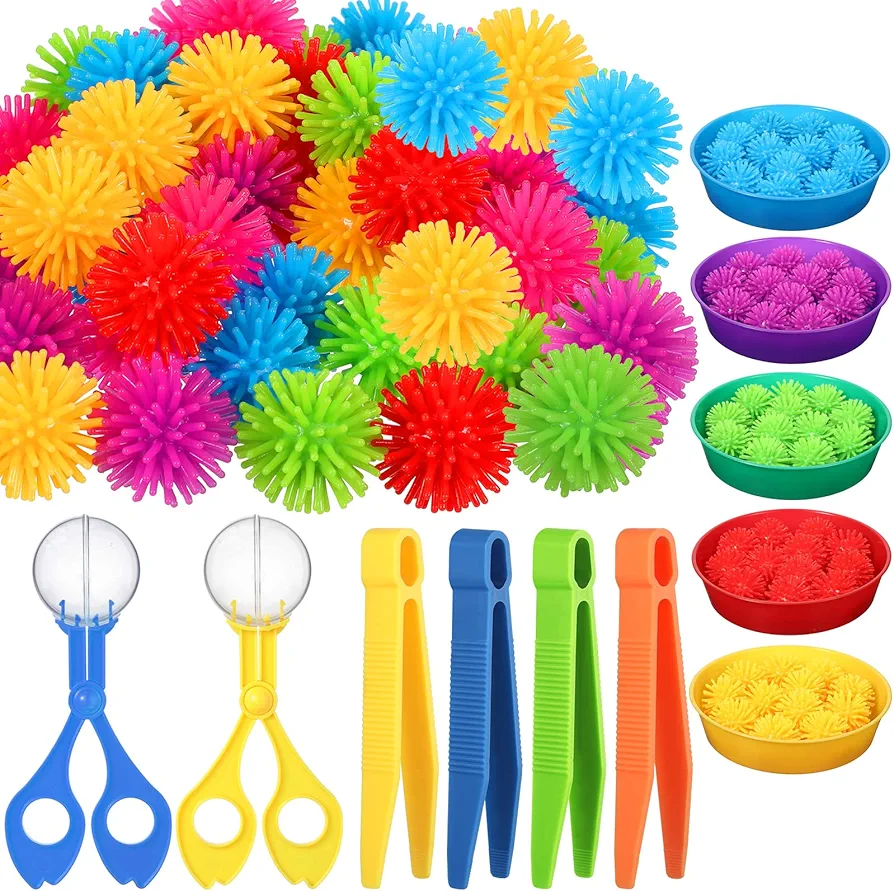 Leitee 71 PCS Fine Motor Toys Counting Sorting Sensory Bin Filler, 60 Hedge Balls 4 Tweezers 2 Scissors Clips 5 Cups for Boys Girls Early Education and Sorting Counting Training Development