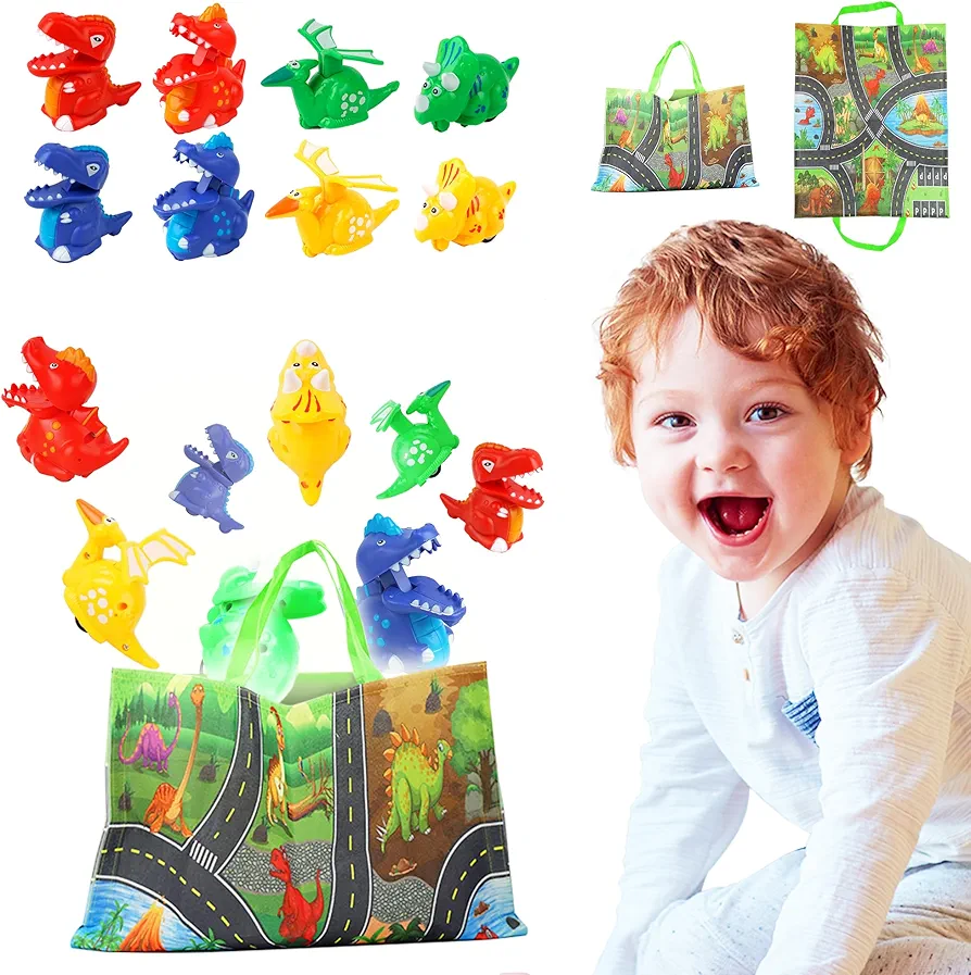 BELLOCHIDDO 8 PCS Dinosaur Car Toys with Playmat/Storage Bag|1 2 Year Old Boy Birthday Gift for Infant Toddlers|Push and Go Cars Toy with Play Mat|Early Educational Toys and Birthday Gift