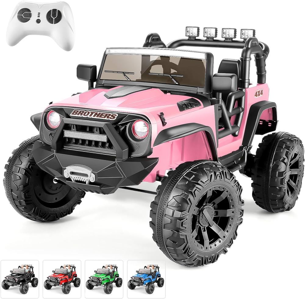 Hikole 24V Ride on Car Truck with Remote Control, Two Seater Ride on Kids Jeep Cars for Big Kids Boys & Girls 4-8 with Remote Control，Spring Suspension，LED Lights, Music, 2x200W Engine, Pink