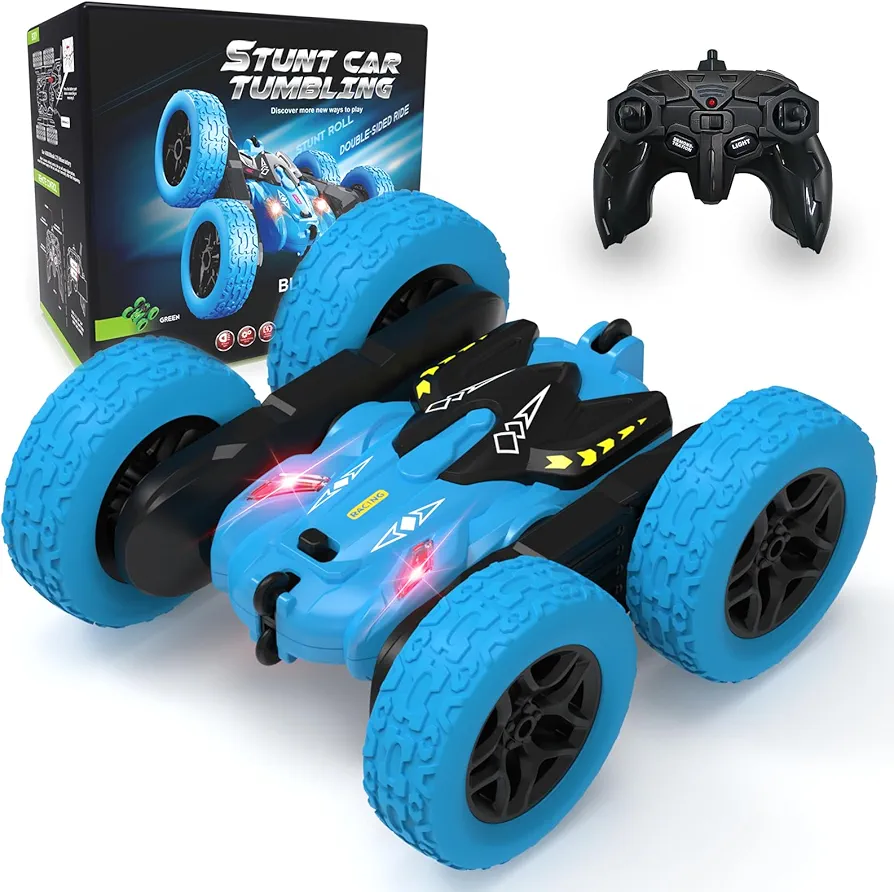 Remote Control Car, RC Car with Double Sided 360°Rotating and Lights, Rechargeable 4WD Off Road Stunt Car Toys, 2.4Ghz All Terrain Drift Toys for Boys Girls Kids Ages 6-12 Birthday Gift(Blue)