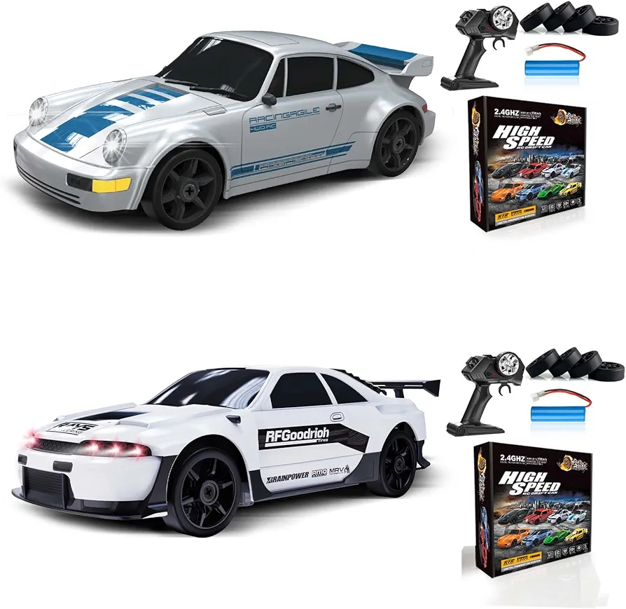 2PCS RC Drift Car 1:24 Remote Control Car 4WD 15KM/H High Speed Racing Sport Car with LED Lights RC Cars Toy Cars for Kids Boys Girls Adults Gifts Birthday Christmas Rechargeable Batteries