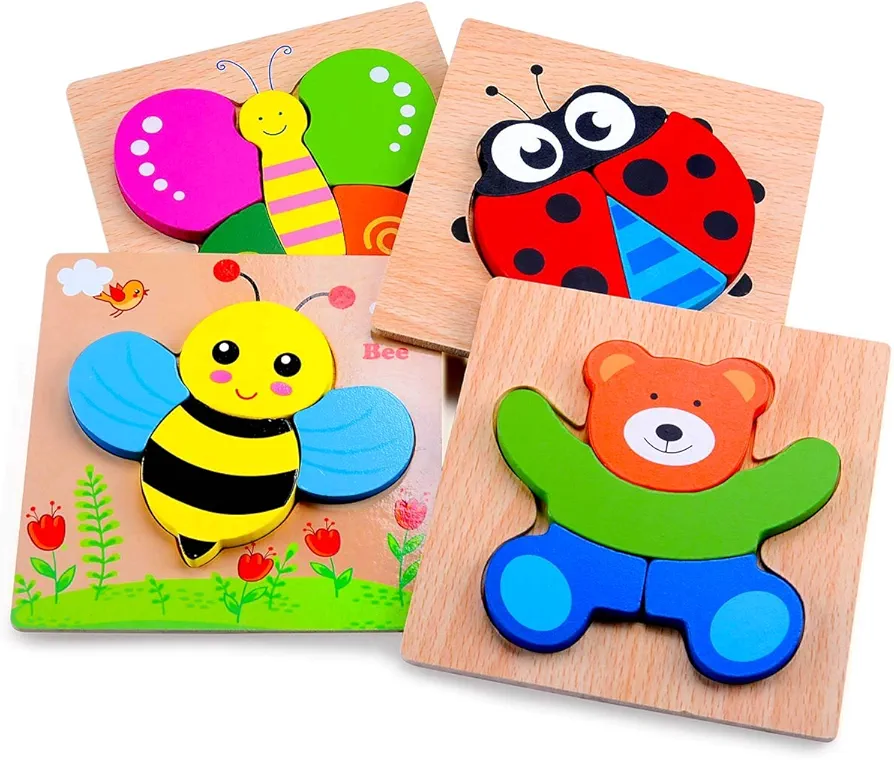 Magifire Wooden Puzzles, Set of 4 Montessori Toys for 1 Year Old, Toys for Toddlers 1-3, Baby Puzzles as Wood Toys with Chunky Pieces, includes Storage Bag and Giftable Box