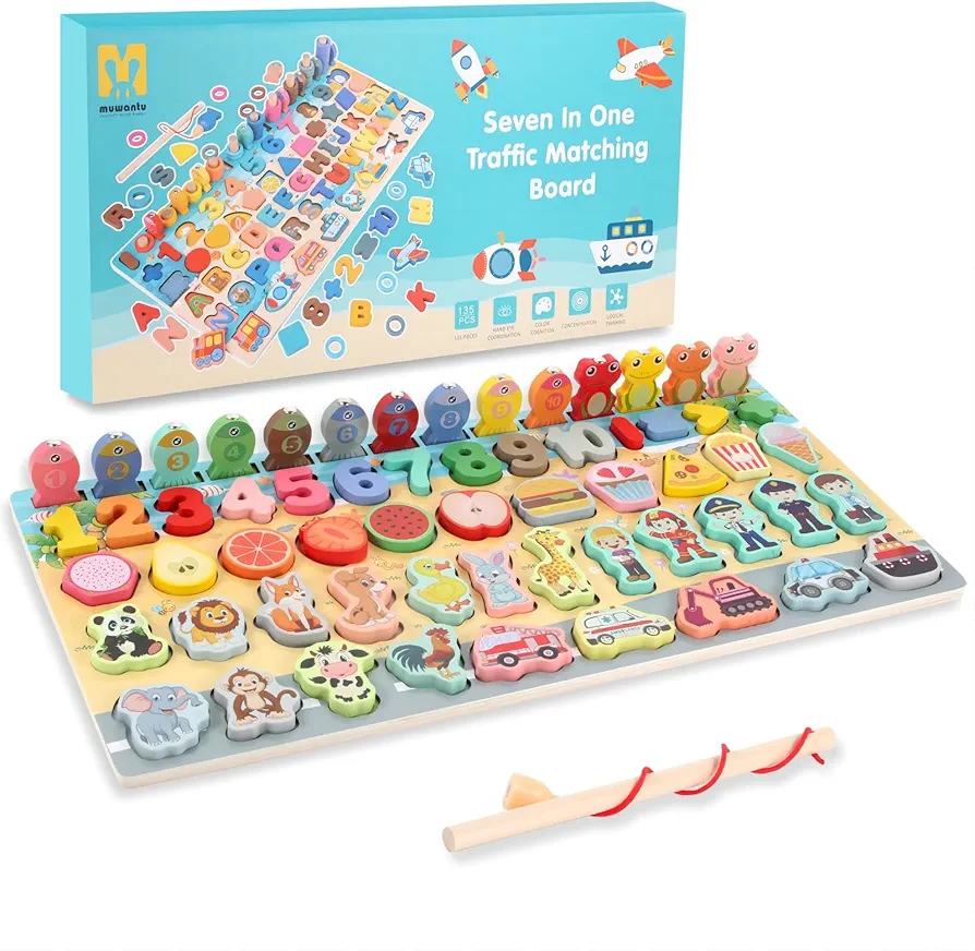 Educational toys for toddlers 1-3 Magnetic Fishing Game for Kids - Fun Alphabet & Number toddler learning toys -Toddler Sorting Stacking Toys Set, Educational Wooden Shape Color Recognition Toy