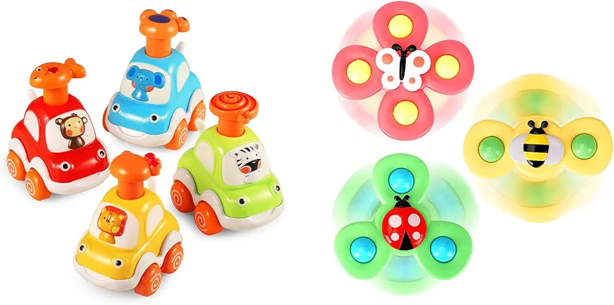 ALASOU 3 PCS Suction Cup Spinner Toys and 4 PCS Animal Car Toys for Infant and Toddlers