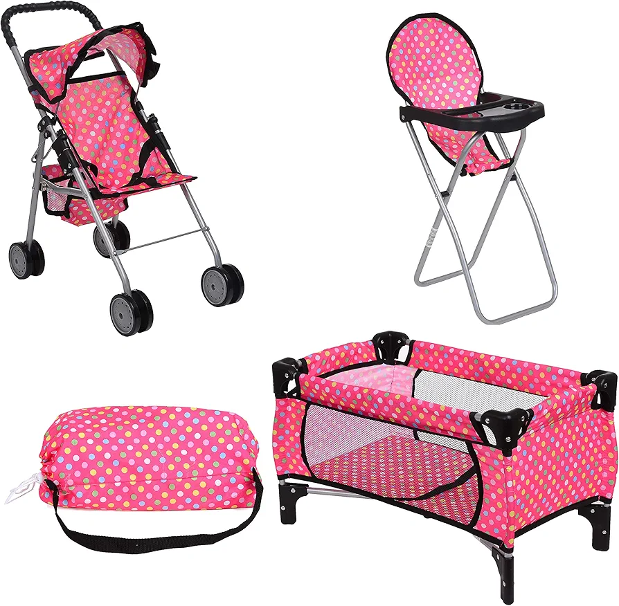 fash n kolor Doll Play Set 3 in 1 Doll Set, 1 Pack N Play. 2 Doll Stroller 3.Doll High Chair. Fits Up to 18'' Doll (Polka DOT)