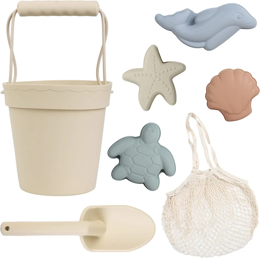 BLUE GINKGO Silicone Beach Toys - Modern Baby Travel Friendly Beach Set | Bucket, Shovel, 4 Sand Molds, Bag | Sand Toys for Toddlers, Kids - 7pc (Beige)