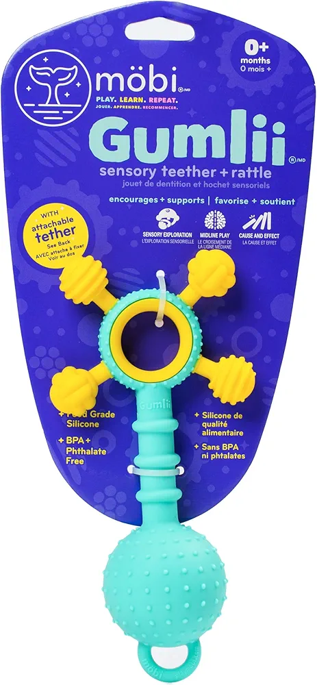 Mobi Gumlii Sensory Teether Baby Rattle Toy - Baby Teething Toy for Babies 0-6 Months, Newborn Baby Sensory Teether & Rattle Toy, Made with Food Grade Silicone, BPA and Phthalate Free - Pack of 1