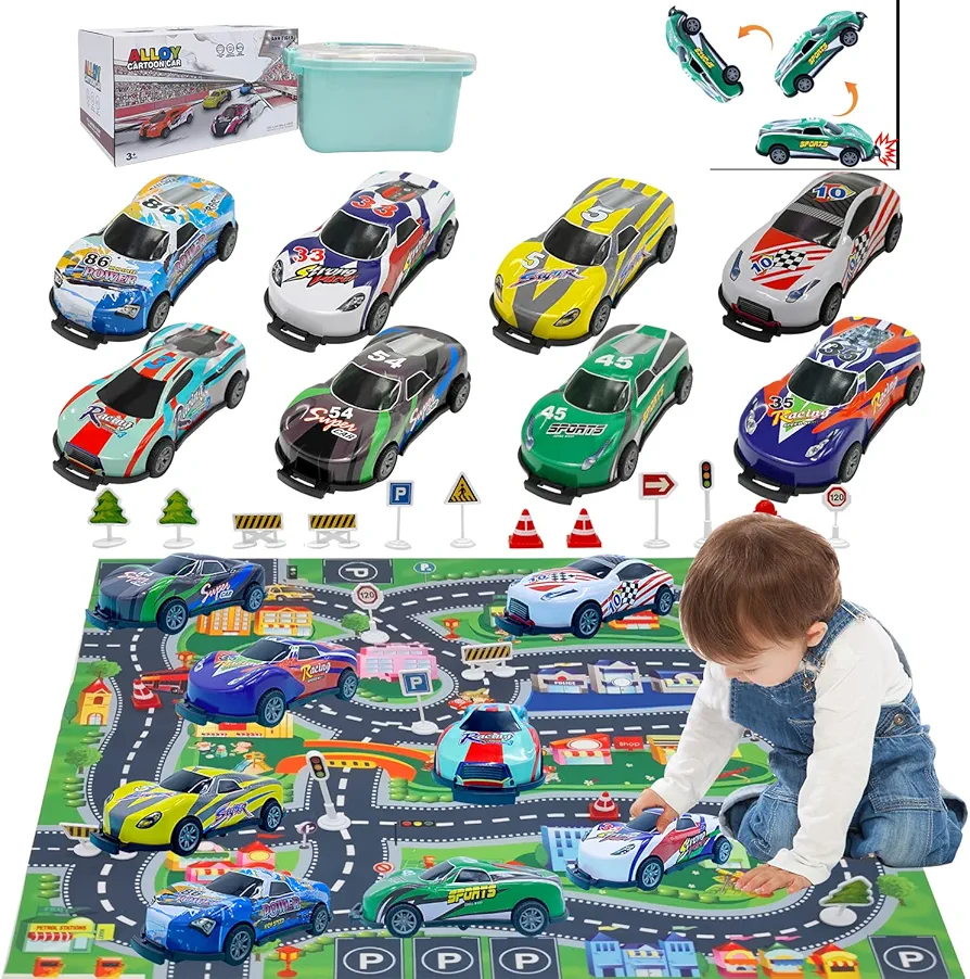 Jumping Stunt Car, Flips Pull Back Car Die Cast Car Sets for Boys 3+ with Play Mat Traffic Icon Kids Metal Friction Power Racing 8 Pcs, Model Car Barricade Alloy Mini Bounce Car, Boys Birthday Gift