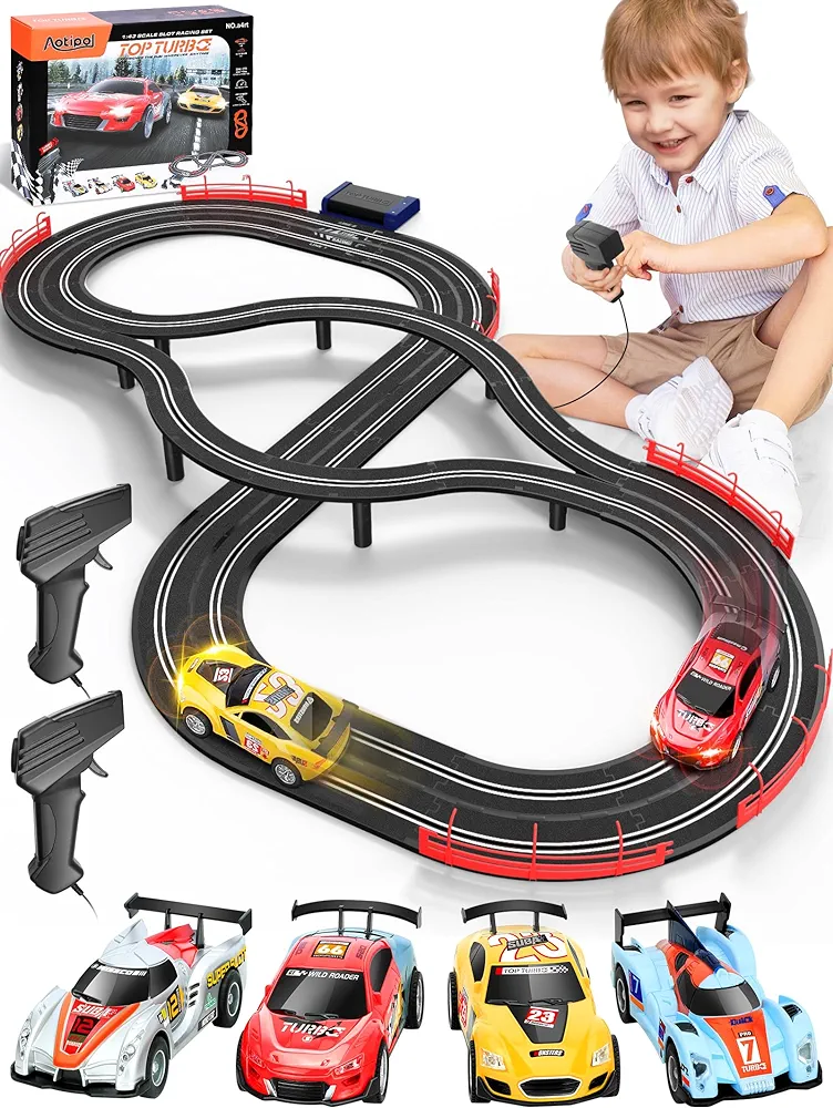 Electric Racing Tracks for Boys and Kids Including 4 Slot Cars 1:43 Scale with Headlights and Dual Racing, Race Car Track Sets with 2 Hand Controllers, Gift Toys for Children Over 8 Years Old