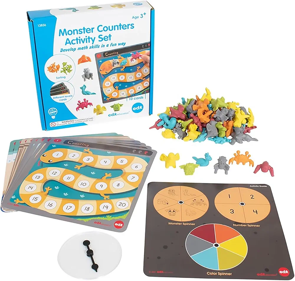 edxeducation Monster Counters Activity Set - Early Math Manipulatives - 83 Pieces - 72 Counters, Activity Cards & Spinner - Counting, Sorting and More