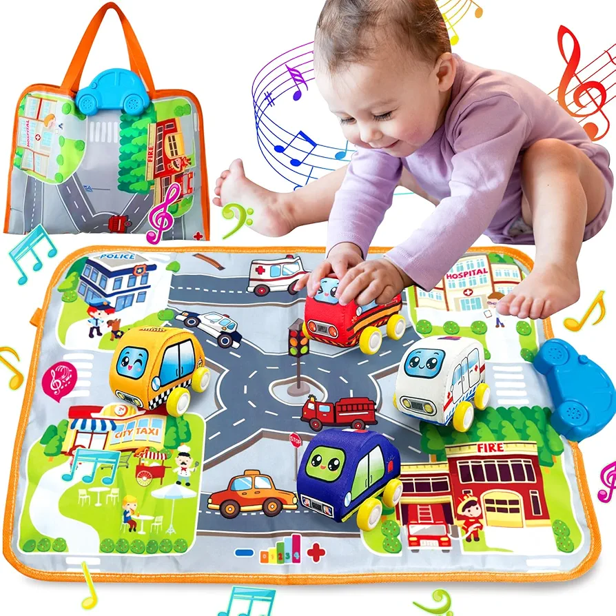 Car Toys for 1 Year Old Boy, Soft Baby Toy Set with Music Playmat, Baby Infant Music Toys 12-18 Months, Pull Back Vehicle Car Set Birthday Toys for Baby Toddlers Age 1 2 3 Year Old