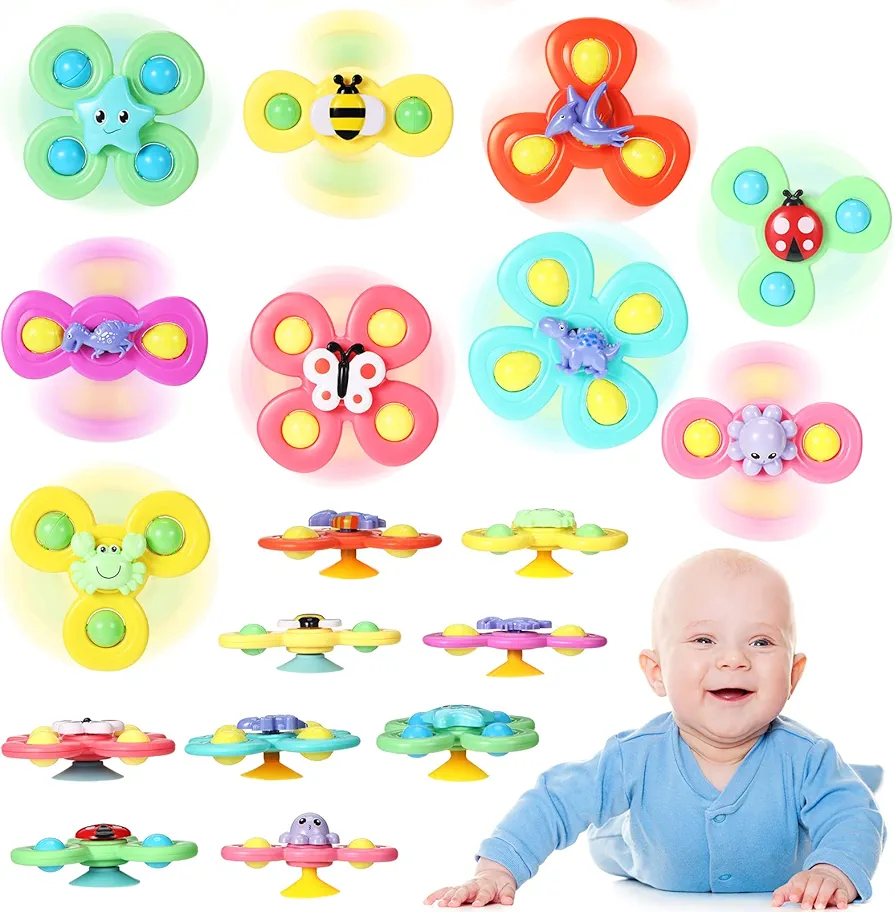 Leitee 9 Pcs Suction Cup Toys Bath Toys Sensory Toys Strong Suction Cup Toys Spinner Dimple Toy Birthday Gifts for Early Education Bathtub Dining Chairs, 3 Styles(Cute Style)