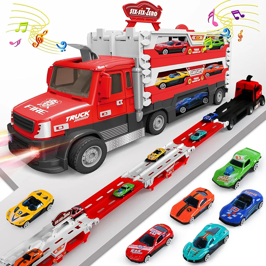 Dwi Dowellin Carrier Truck Toys for Kids, 4.6-FT Foldable Hauler Track Ejection Car and 6 Metal Race Car with Light&Sounds, Truck Toy Toddlers Toys Gifts for 2 3 4 5+ Year Old Boys Girls-Red