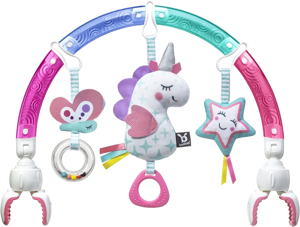 BENBAT Baby Stroller Arch Toy Rainbow Dazzle Friends Play Bar. Fun Newborns Sensory Activity, Adjustable for Bouncers and Car Seat, Unicorn