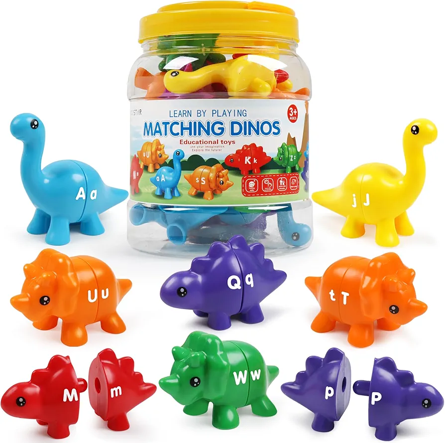 Matching Letters Counting Dinosaur Toys with Double-Sided ABC Alphabet Preschool Learning Fine Motor Toy Uppercase Lowercase Dinosaur Match Sorting Game Montessori Toy for 3 4 5 Toddlers (13Pcs)