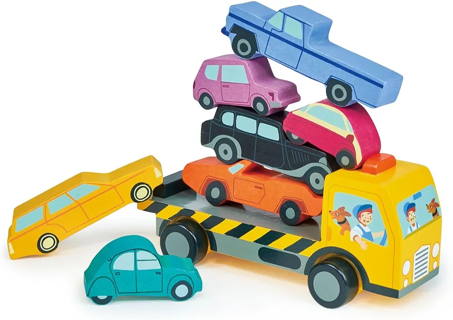 Tender Leaf Toys - Stacking Cars - 7 Wooden Stacking Toy Cars and a Wheeled Truck for Toddler Boys and Girls - Boost Fine Motor Skills and Hand-Eye Coordination - Great Gift for Car Lovers - Age 18m+