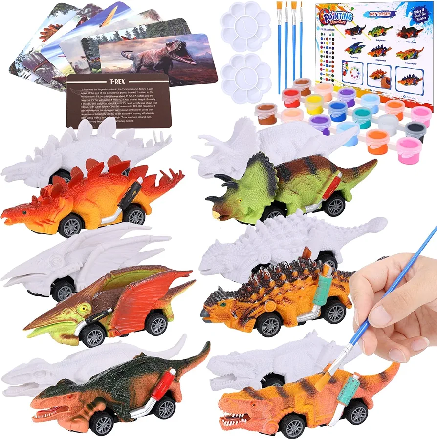 12 Pack Dinosaur Toy Cars DIY Kit Arts Crafts 2 in 1 Dinosaurs Painting Kits Pull Back Dino Cars Birthday Gifts for Kids 3-12 Boys Girls Toddlers